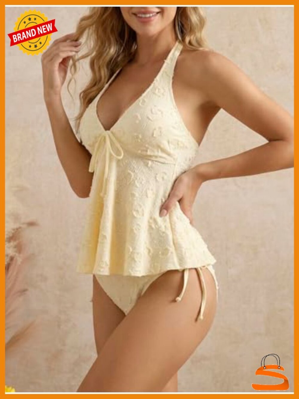 2 Piece Halter Tankini Set Textured Babydoll Tops with Panty Swimsuits - Picture 3 of 6
